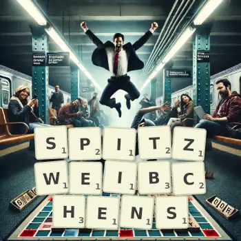 Kreative Illustration für ein Scrabble-Spiel, bei dem das Wort SPITZWEIBCHENS mit Steinen auf dem Brett gelegt wurde.