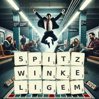 Kreative Illustration für ein Scrabble-Spiel, bei dem das Wort SPITZWINKELIGEM mit Steinen auf dem Brett gelegt wurde.