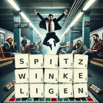 Kreative Illustration für ein Scrabble-Spiel, bei dem das Wort SPITZWINKELIGEN mit Steinen auf dem Brett gelegt wurde.
