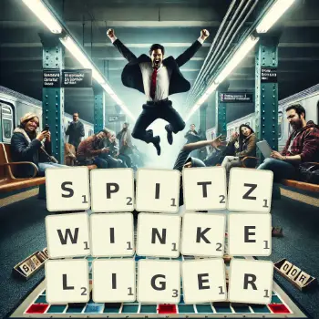 Kreative Illustration für ein Scrabble-Spiel, bei dem das Wort SPITZWINKELIGER mit Steinen auf dem Brett gelegt wurde.