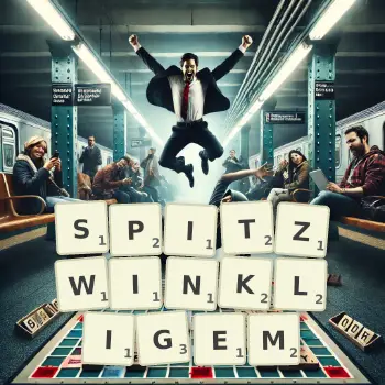 Kreative Illustration für ein Scrabble-Spiel, bei dem das Wort SPITZWINKLIGEM mit Steinen auf dem Brett gelegt wurde.