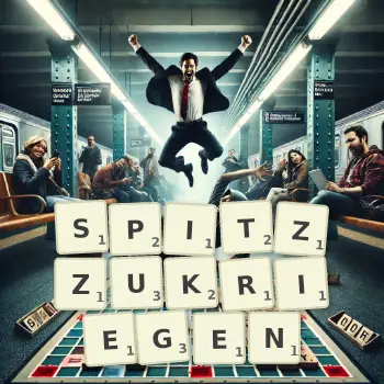 Kreative Illustration für ein Scrabble-Spiel, bei dem das Wort SPITZZUKRIEGEN mit Steinen auf dem Brett gelegt wurde.