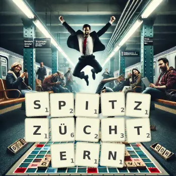 Kreative Illustration für ein Scrabble-Spiel, bei dem das Wort SPITZZÜCHTERN mit Steinen auf dem Brett gelegt wurde.