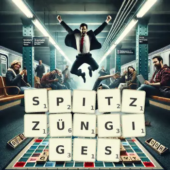 Kreative Illustration für ein Scrabble-Spiel, bei dem das Wort SPITZZÜNGIGES mit Steinen auf dem Brett gelegt wurde.