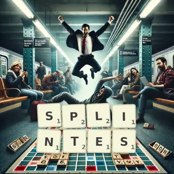 Kreative Illustration für ein Scrabble-Spiel, bei dem das Wort SPLINTES mit Steinen auf dem Brett gelegt wurde.