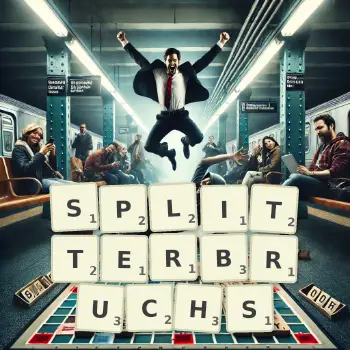 Kreative Illustration für ein Scrabble-Spiel, bei dem das Wort SPLITTERBRUCHS mit Steinen auf dem Brett gelegt wurde.