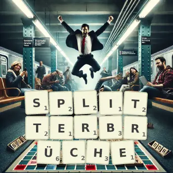 Kreative Illustration für ein Scrabble-Spiel, bei dem das Wort SPLITTERBRÜCHE mit Steinen auf dem Brett gelegt wurde.