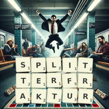 Kreative Illustration für ein Scrabble-Spiel, bei dem das Wort SPLITTERFRAKTUR mit Steinen auf dem Brett gelegt wurde.