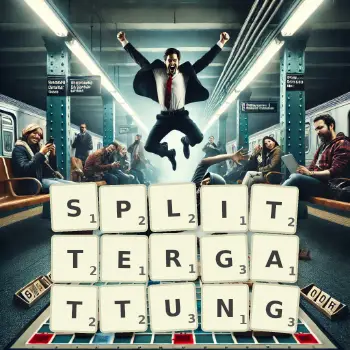 Kreative Illustration für ein Scrabble-Spiel, bei dem das Wort SPLITTERGATTUNG mit Steinen auf dem Brett gelegt wurde.