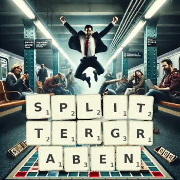 Kreative Illustration für ein Scrabble-Spiel, bei dem das Wort SPLITTERGRABEN mit Steinen auf dem Brett gelegt wurde.