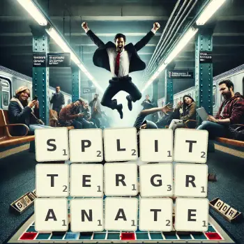 Kreative Illustration für ein Scrabble-Spiel, bei dem das Wort SPLITTERGRANATE mit Steinen auf dem Brett gelegt wurde.