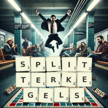 Kreative Illustration für ein Scrabble-Spiel, bei dem das Wort SPLITTERKEGELS mit Steinen auf dem Brett gelegt wurde.