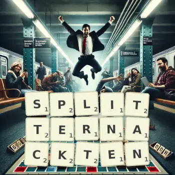 Kreative Illustration für ein Scrabble-Spiel, bei dem das Wort SPLITTERNACKTEN mit Steinen auf dem Brett gelegt wurde.