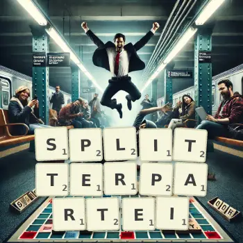 Kreative Illustration für ein Scrabble-Spiel, bei dem das Wort SPLITTERPARTEI mit Steinen auf dem Brett gelegt wurde.