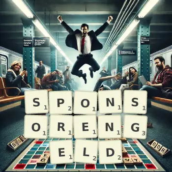 Kreative Illustration für ein Scrabble-Spiel, bei dem das Wort SPONSORENGELD mit Steinen auf dem Brett gelegt wurde.