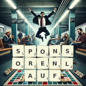 Kreative Illustration für ein Scrabble-Spiel, bei dem das Wort SPONSORENLAUF mit Steinen auf dem Brett gelegt wurde.