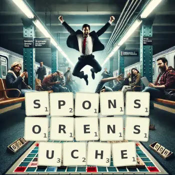 Kreative Illustration für ein Scrabble-Spiel, bei dem das Wort SPONSORENSUCHE mit Steinen auf dem Brett gelegt wurde.