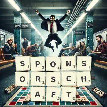 Kreative Illustration für ein Scrabble-Spiel, bei dem das Wort SPONSORSCHAFT mit Steinen auf dem Brett gelegt wurde.