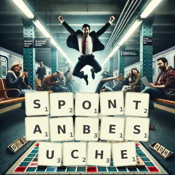 Kreative Illustration für ein Scrabble-Spiel, bei dem das Wort SPONTANBESUCHE mit Steinen auf dem Brett gelegt wurde.