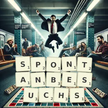 Kreative Illustration für ein Scrabble-Spiel, bei dem das Wort SPONTANBESUCHS mit Steinen auf dem Brett gelegt wurde.