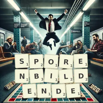 Kreative Illustration für ein Scrabble-Spiel, bei dem das Wort SPORENBILDENDE mit Steinen auf dem Brett gelegt wurde.