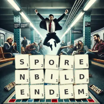 Kreative Illustration für ein Scrabble-Spiel, bei dem das Wort SPORENBILDENDEM mit Steinen auf dem Brett gelegt wurde.