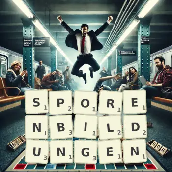 Kreative Illustration für ein Scrabble-Spiel, bei dem das Wort SPORENBILDUNGEN mit Steinen auf dem Brett gelegt wurde.