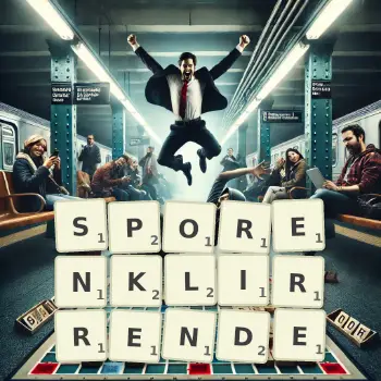 Kreative Illustration für ein Scrabble-Spiel, bei dem das Wort SPORENKLIRRENDE mit Steinen auf dem Brett gelegt wurde.