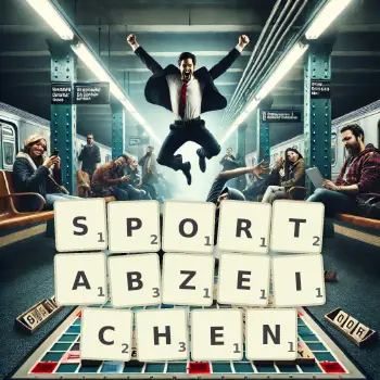 Kreative Illustration für ein Scrabble-Spiel, bei dem das Wort SPORTABZEICHEN mit Steinen auf dem Brett gelegt wurde.