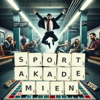 Kreative Illustration für ein Scrabble-Spiel, bei dem das Wort SPORTAKADEMIEN mit Steinen auf dem Brett gelegt wurde.
