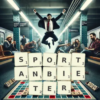 Kreative Illustration für ein Scrabble-Spiel, bei dem das Wort SPORTANBIETER mit Steinen auf dem Brett gelegt wurde.