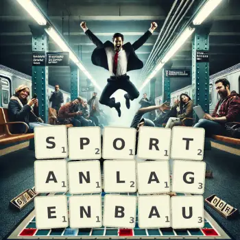 Kreative Illustration für ein Scrabble-Spiel, bei dem das Wort SPORTANLAGENBAU mit Steinen auf dem Brett gelegt wurde.