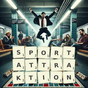 Kreative Illustration für ein Scrabble-Spiel, bei dem das Wort SPORTATTRAKTION mit Steinen auf dem Brett gelegt wurde.