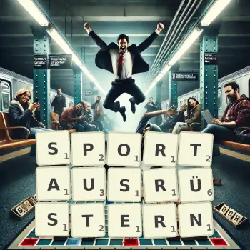 Kreative Illustration für ein Scrabble-Spiel, bei dem das Wort SPORTAUSRÜSTERN mit Steinen auf dem Brett gelegt wurde.