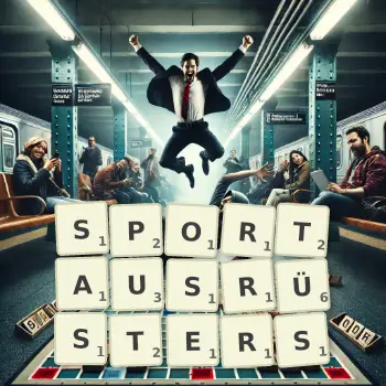 Kreative Illustration für ein Scrabble-Spiel, bei dem das Wort SPORTAUSRÜSTERS mit Steinen auf dem Brett gelegt wurde.