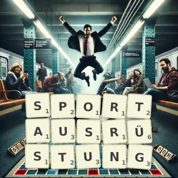 Kreative Illustration für ein Scrabble-Spiel, bei dem das Wort SPORTAUSRÜSTUNG mit Steinen auf dem Brett gelegt wurde.