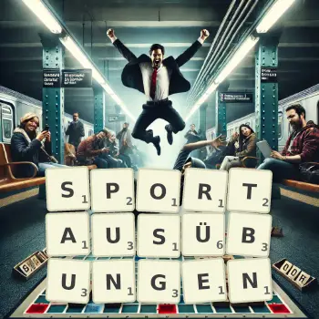 Kreative Illustration für ein Scrabble-Spiel, bei dem das Wort SPORTAUSÜBUNGEN mit Steinen auf dem Brett gelegt wurde.