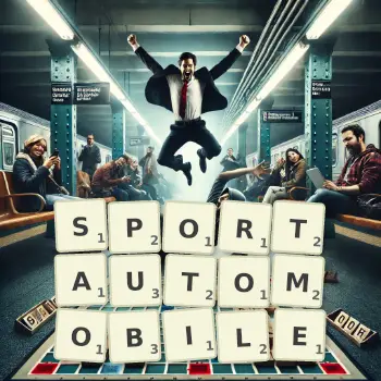 Kreative Illustration für ein Scrabble-Spiel, bei dem das Wort SPORTAUTOMOBILE mit Steinen auf dem Brett gelegt wurde.