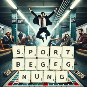 Kreative Illustration für ein Scrabble-Spiel, bei dem das Wort SPORTBEGEGNUNG mit Steinen auf dem Brett gelegt wurde.