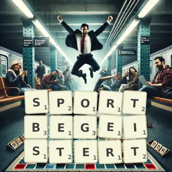 Kreative Illustration für ein Scrabble-Spiel, bei dem das Wort SPORTBEGEISTERT mit Steinen auf dem Brett gelegt wurde.