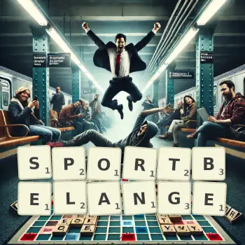 Kreative Illustration für ein Scrabble-Spiel, bei dem das Wort SPORTBELANGE mit Steinen auf dem Brett gelegt wurde.