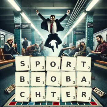 Kreative Illustration für ein Scrabble-Spiel, bei dem das Wort SPORTBEOBACHTER mit Steinen auf dem Brett gelegt wurde.