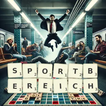 Kreative Illustration für ein Scrabble-Spiel, bei dem das Wort SPORTBEREICH mit Steinen auf dem Brett gelegt wurde.