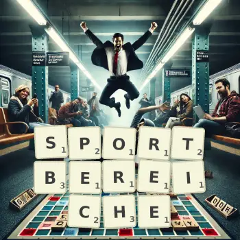Kreative Illustration für ein Scrabble-Spiel, bei dem das Wort SPORTBEREICHE mit Steinen auf dem Brett gelegt wurde.