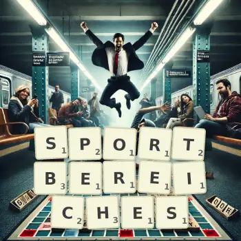 Kreative Illustration für ein Scrabble-Spiel, bei dem das Wort SPORTBEREICHES mit Steinen auf dem Brett gelegt wurde.