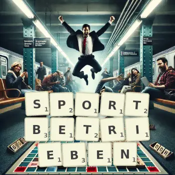 Kreative Illustration für ein Scrabble-Spiel, bei dem das Wort SPORTBETRIEBEN mit Steinen auf dem Brett gelegt wurde.