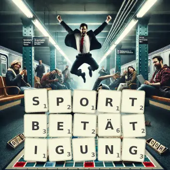 Kreative Illustration für ein Scrabble-Spiel, bei dem das Wort SPORTBETÄTIGUNG mit Steinen auf dem Brett gelegt wurde.