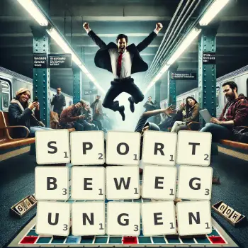 Kreative Illustration für ein Scrabble-Spiel, bei dem das Wort SPORTBEWEGUNGEN mit Steinen auf dem Brett gelegt wurde.