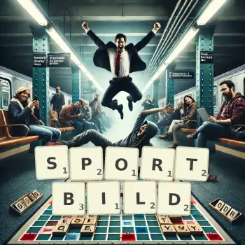 Kreative Illustration für ein Scrabble-Spiel, bei dem das Wort SPORTBILD mit Steinen auf dem Brett gelegt wurde.