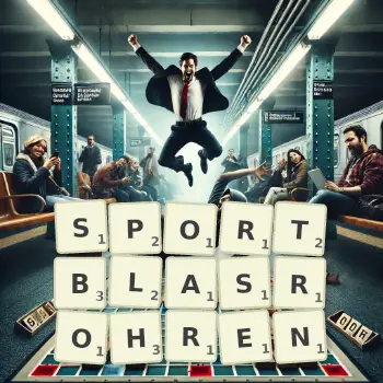 Kreative Illustration für ein Scrabble-Spiel, bei dem das Wort SPORTBLASROHREN mit Steinen auf dem Brett gelegt wurde.